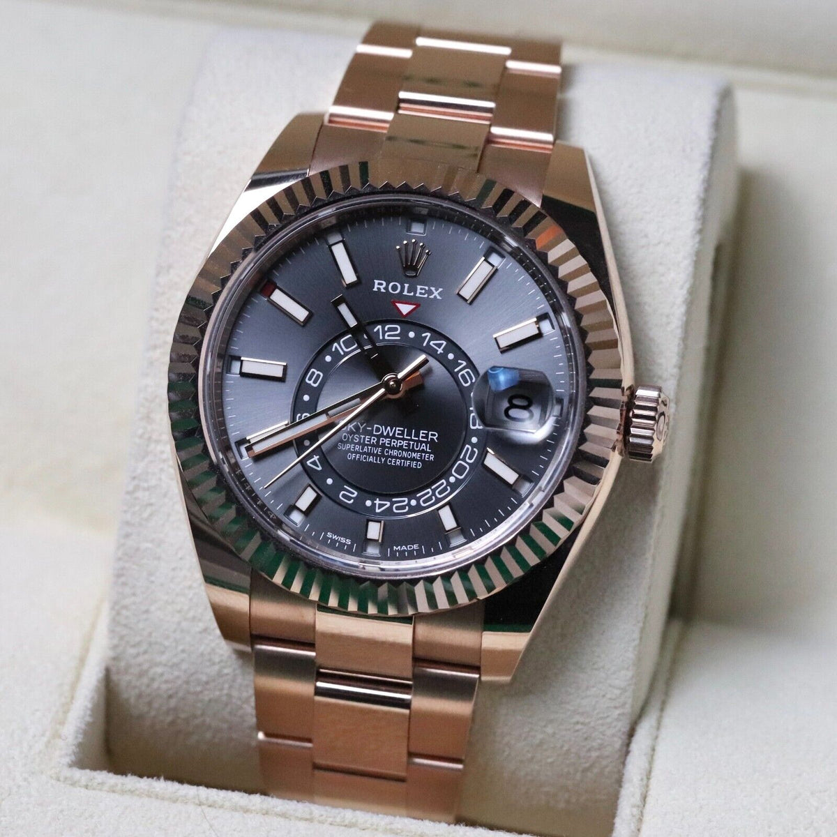 Rolex Sky-Dweller 18k Rose Gold Case Rhodium Gray Dial 42mm Fluted Oyster 326935