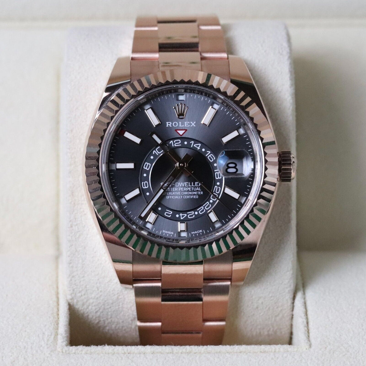 Rolex Sky-Dweller 18k Rose Gold Case Rhodium Gray Dial 42mm Fluted Oyster 326935