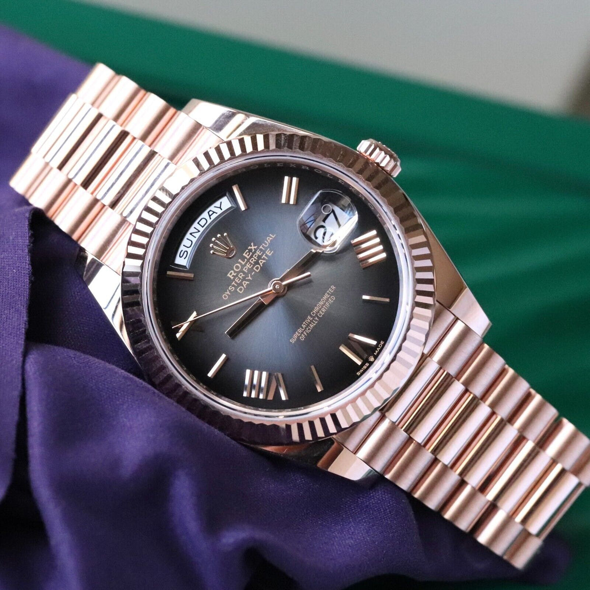 Rolex Day Date 40 Slate Ombre Gradient 18k Rose Gold Roman Smoked Dial 228235