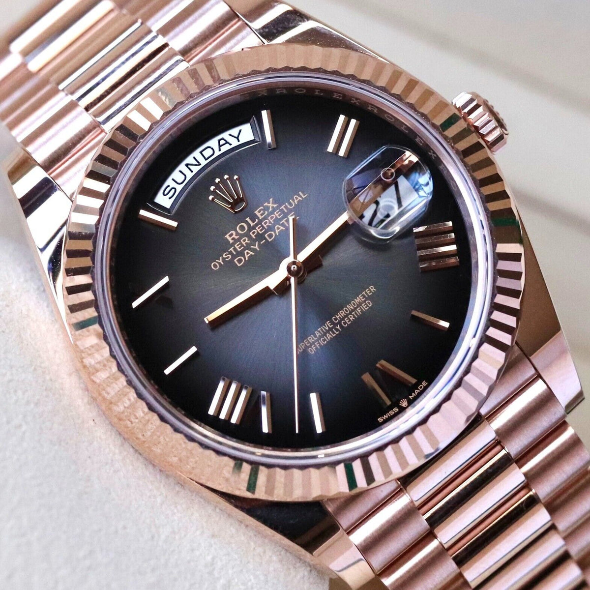 Rolex Day Date 40 Slate Ombre Gradient 18k Rose Gold Roman Smoked Dial 228235