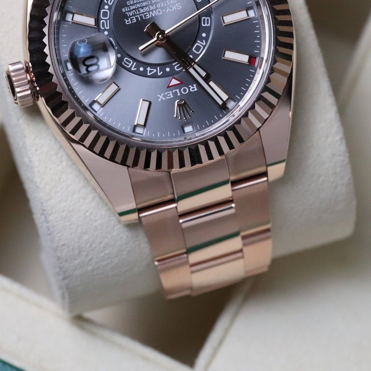 Rolex Sky-Dweller 18k Rose Gold Case Rhodium Gray Dial 42mm Fluted Oyster 326935