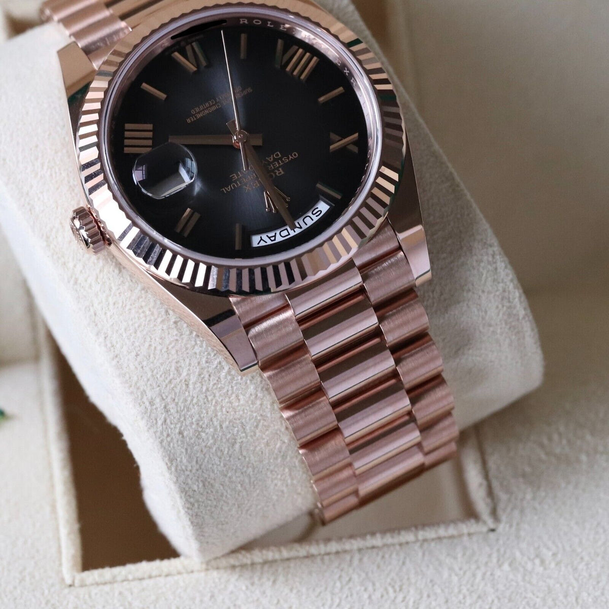 Rolex Day Date 40 Slate Ombre Gradient 18k Rose Gold Roman Smoked Dial 228235