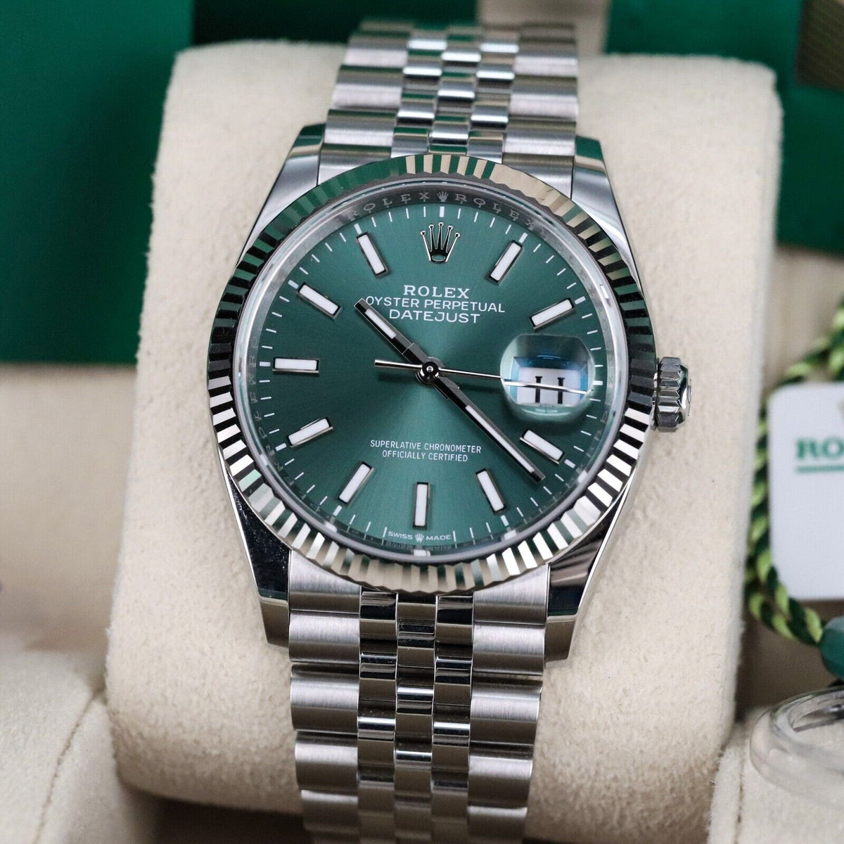 Rolex Datejust 36mm 126234 Green Mint Dial Jubilee Fluted Bezel Complete