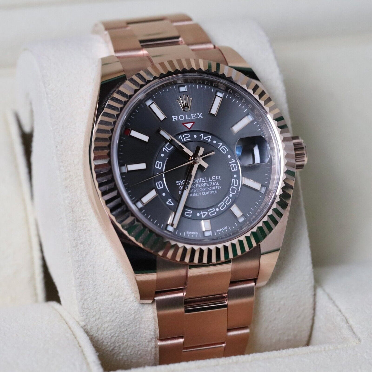 Rolex Sky-Dweller 18k Rose Gold Case Rhodium Gray Dial 42mm Fluted Oyster 326935