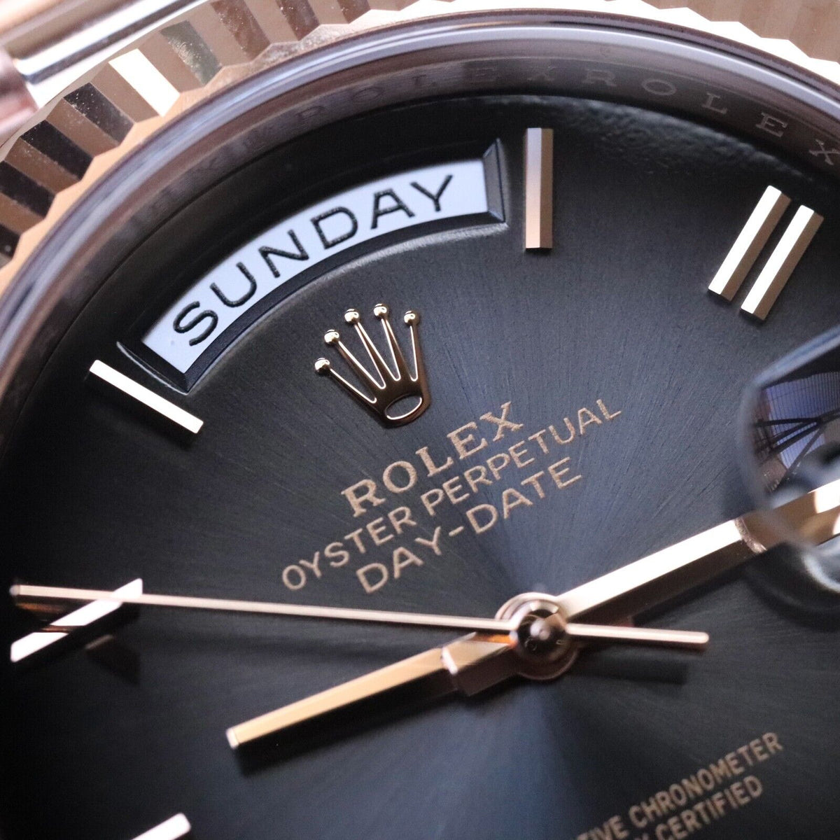 Rolex Day Date 40 Slate Ombre Gradient 18k Rose Gold Roman Smoked Dial 228235