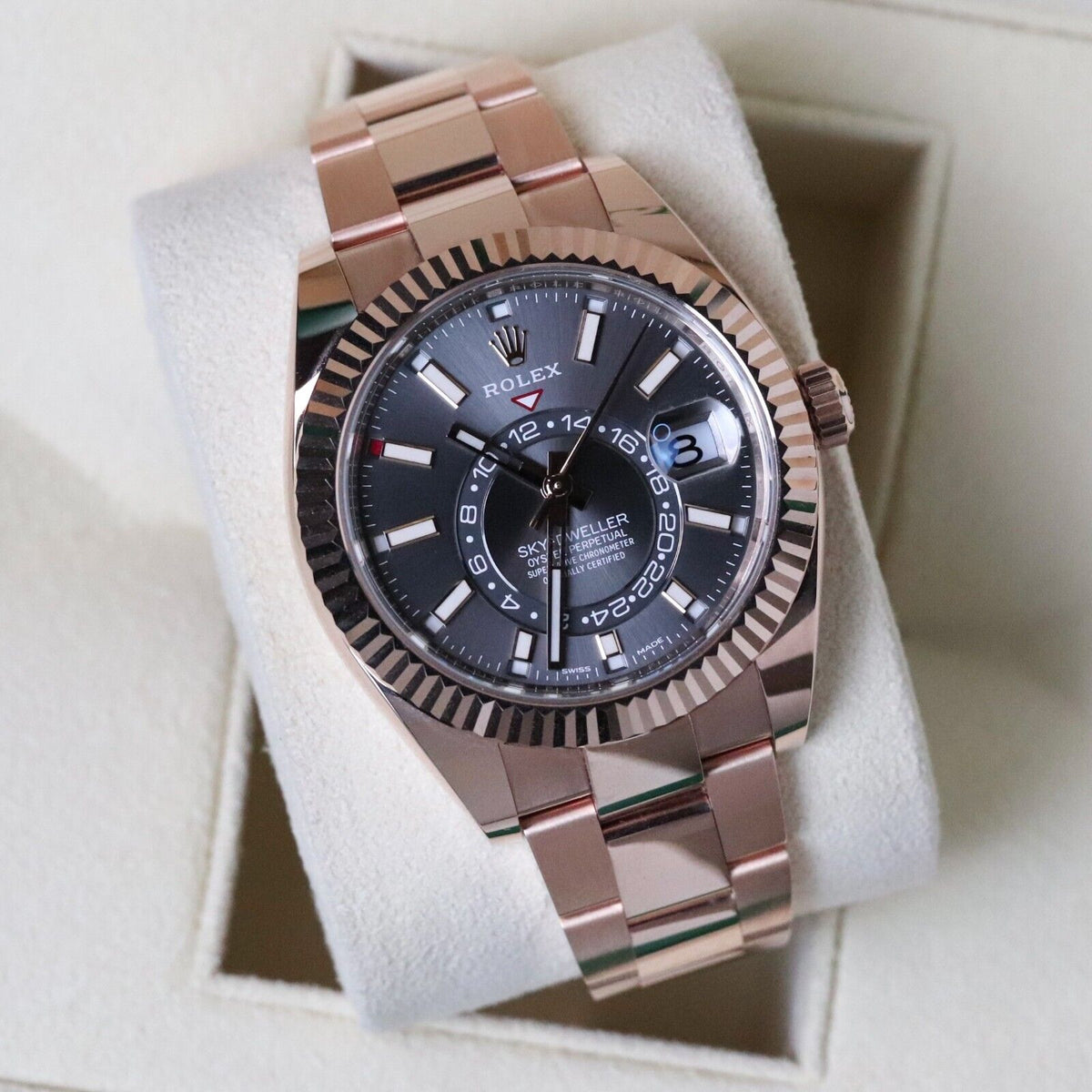 Rolex Sky-Dweller 18k Rose Gold Case Rhodium Gray Dial 42mm Fluted Oyster 326935
