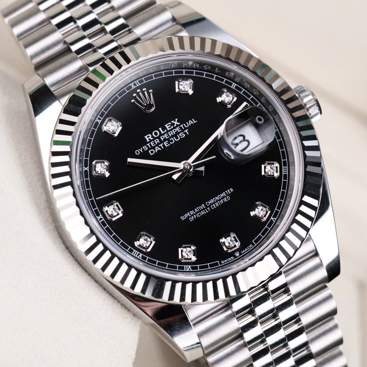 Rolex Datejust 41 Black Diamond Dial White Gold Fluted Bezel Jubilee Steel Oyster Perpetual 126334
