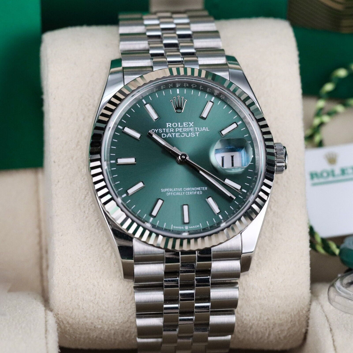 Rolex Datejust 36mm 126234 Green Mint Dial Jubilee Fluted Bezel Complete