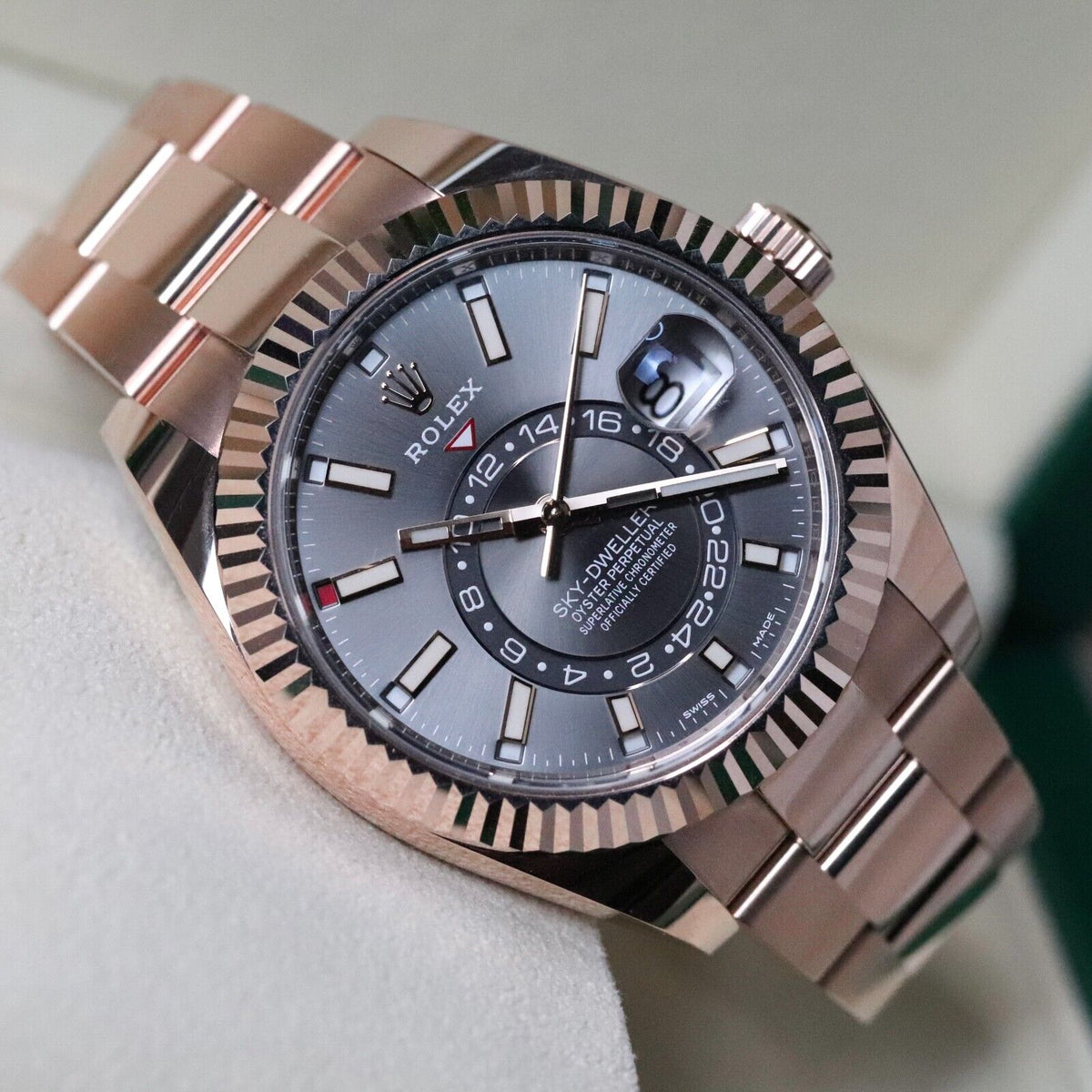 Rolex Sky-Dweller 18k Rose Gold Case Rhodium Gray Dial 42mm Fluted Oyster 326935