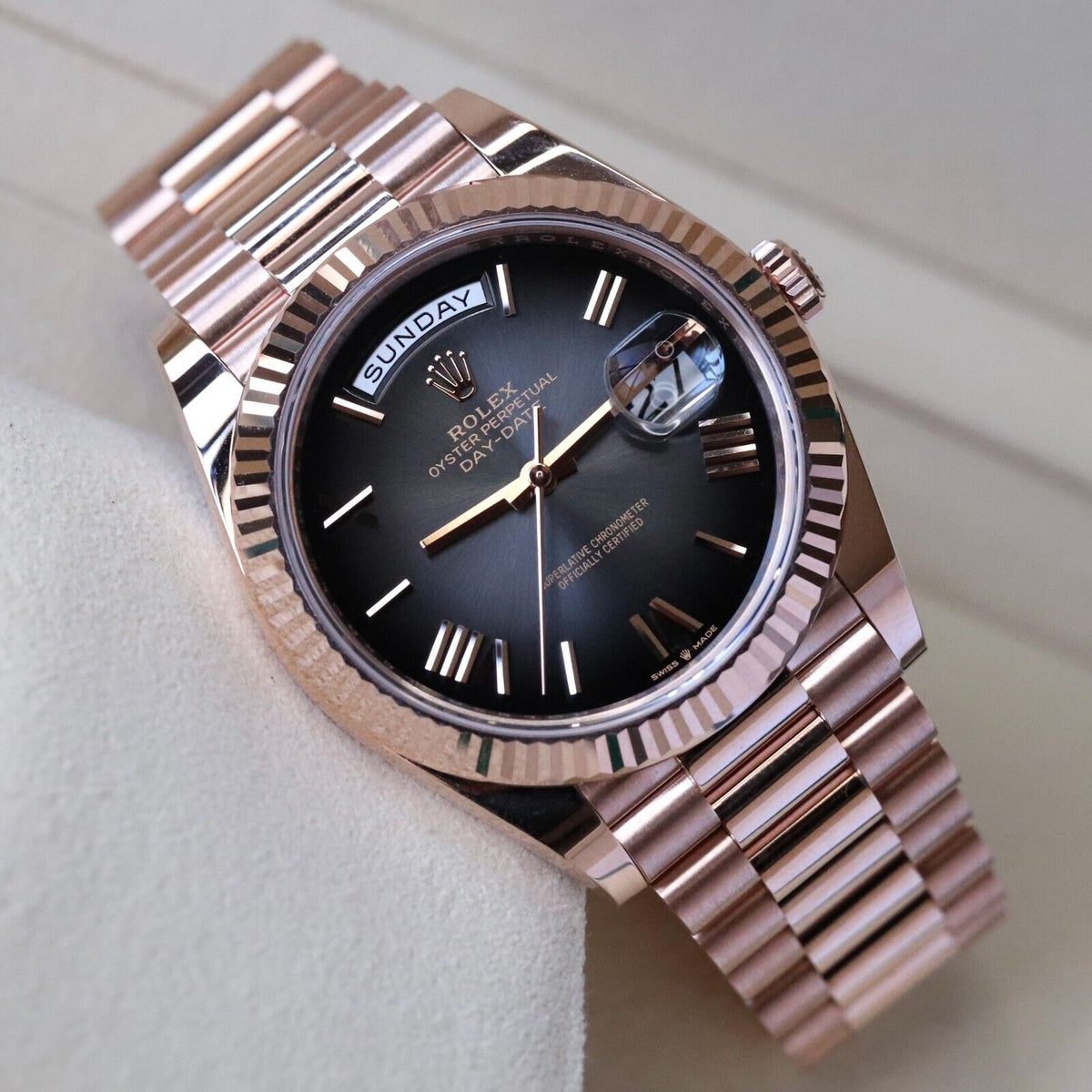 Rolex Day Date 40 Slate Ombre Gradient 18k Rose Gold Roman Smoked Dial 228235