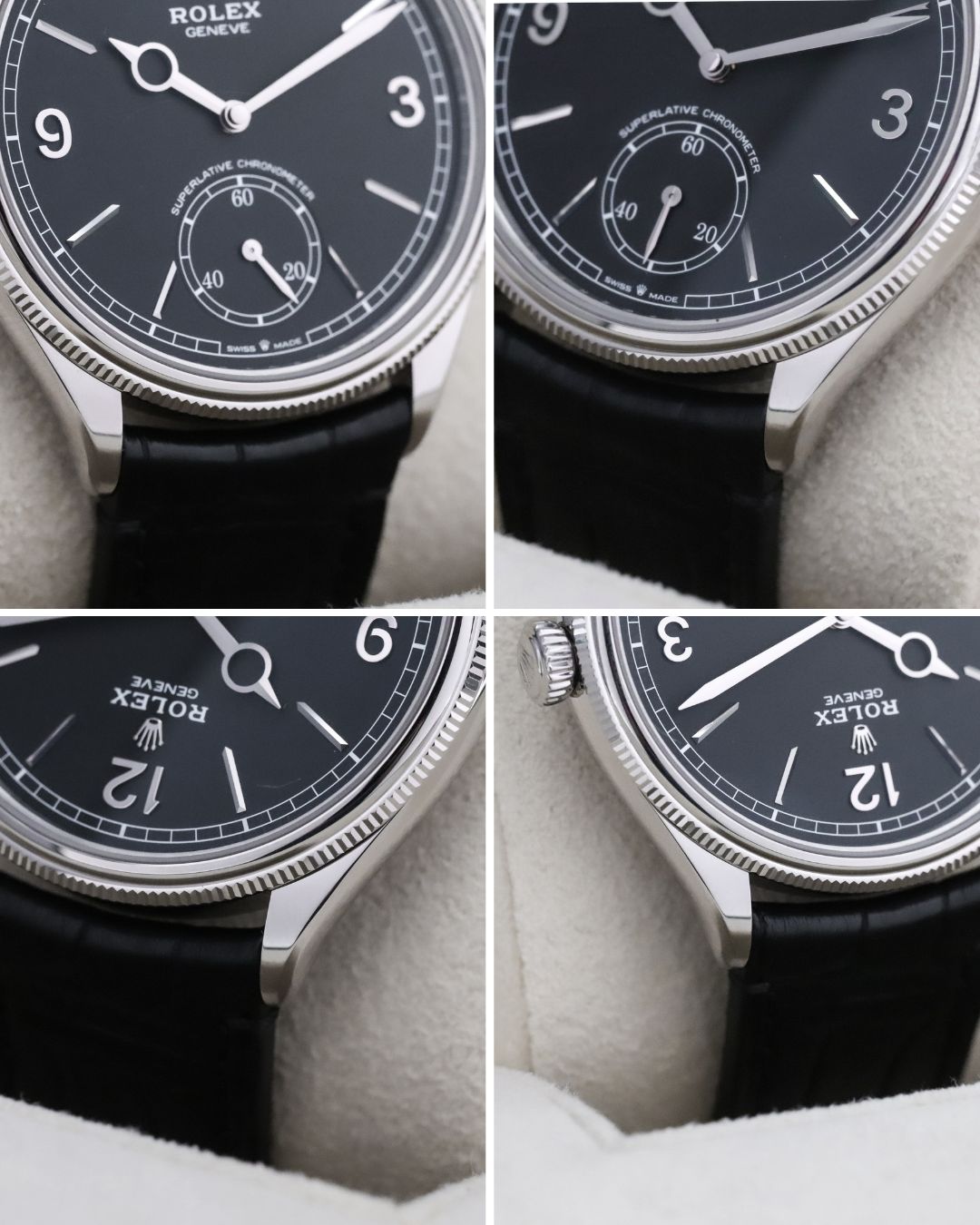 Rolex 1908 39mm 18k White Gold Black Dial Smooth Fluted Exhibition Leather 52509