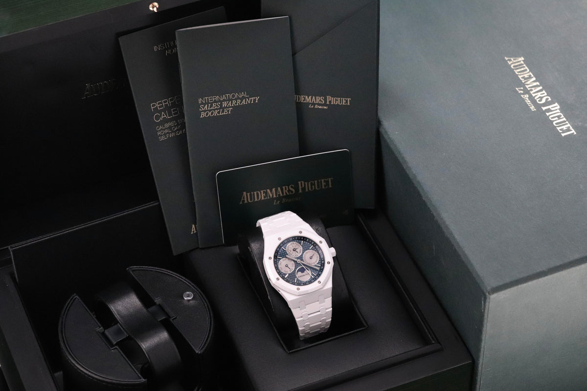 Audemars Piguet Royal Oak Perpetual Calendar White Ceramic Perpetual Calendar Blue Dial 41mm Moonphase 26579CB