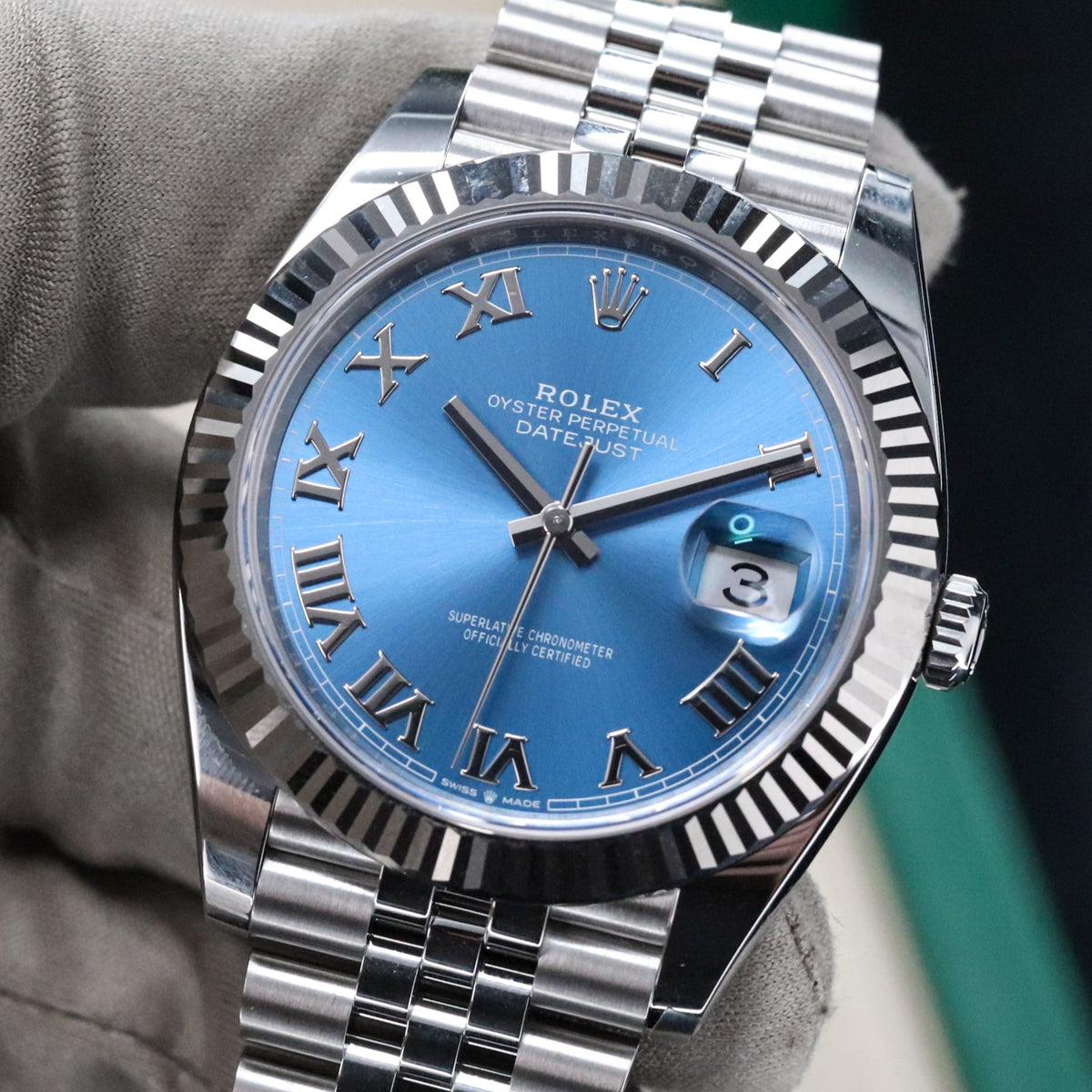 Rolex Datejust 41 Azzurro Blue Roman Dial Fluted Jubilee 126334 Oyster Perpetual White Gold Oystersteel