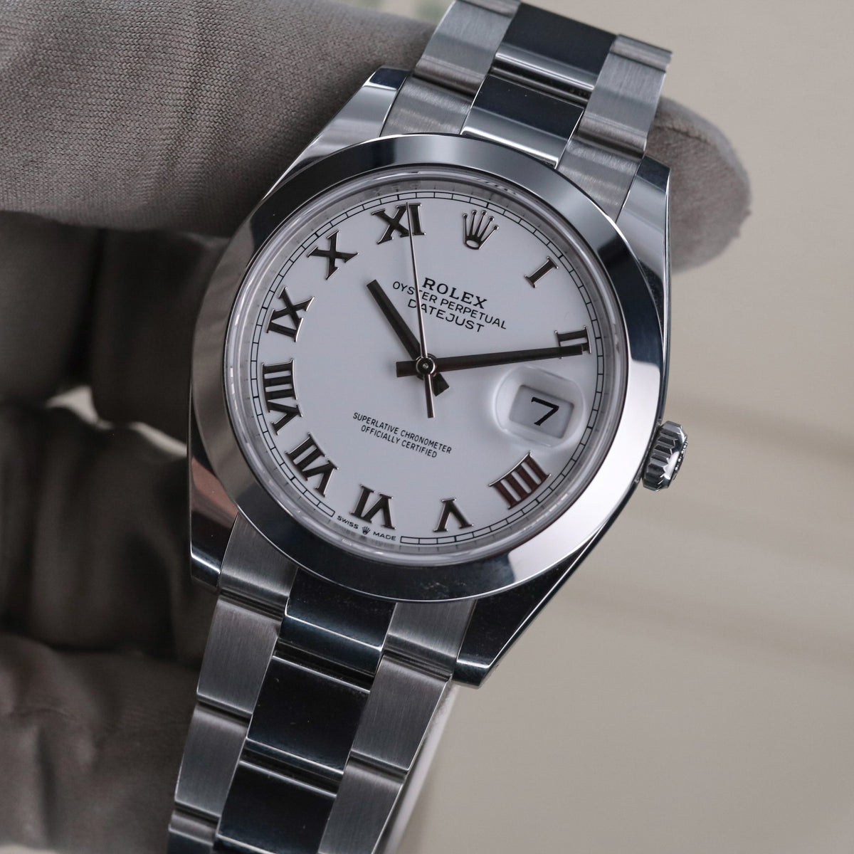 Rolex Datejust 41 White Roman Dial Smooth Bezel Lacquer Oyster Steel 126300