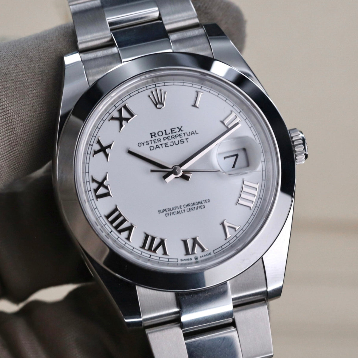Rolex Datejust 41 White Roman Dial Smooth Bezel Lacquer Oyster Steel 126300