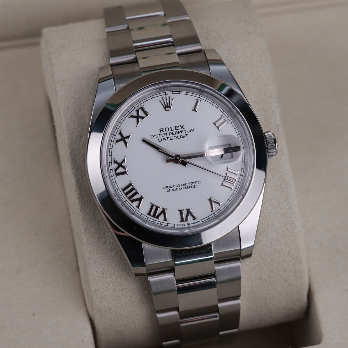 Rolex Datejust 41 White Roman Dial Smooth Bezel Lacquer Oyster Steel 126300