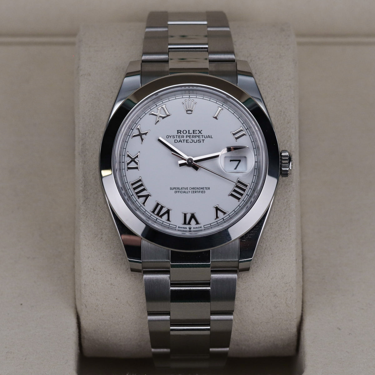 Rolex Datejust 41 White Roman Dial Smooth Bezel Lacquer Oyster Steel 126300