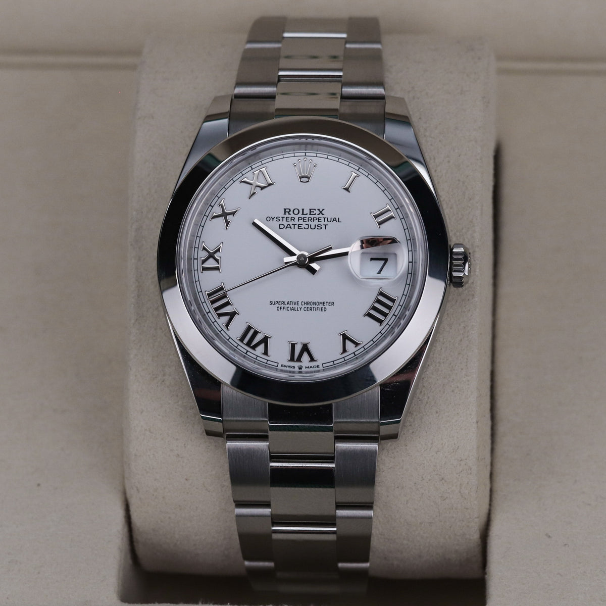 Rolex Datejust 41 White Roman Dial Smooth Bezel Lacquer Oyster Steel 126300