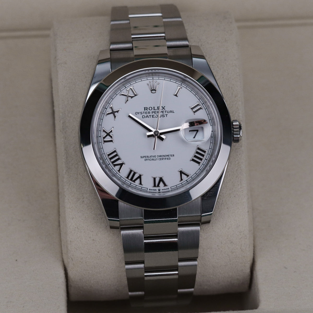 Rolex Datejust 41 White Roman Dial Smooth Bezel Lacquer Oyster Steel 126300