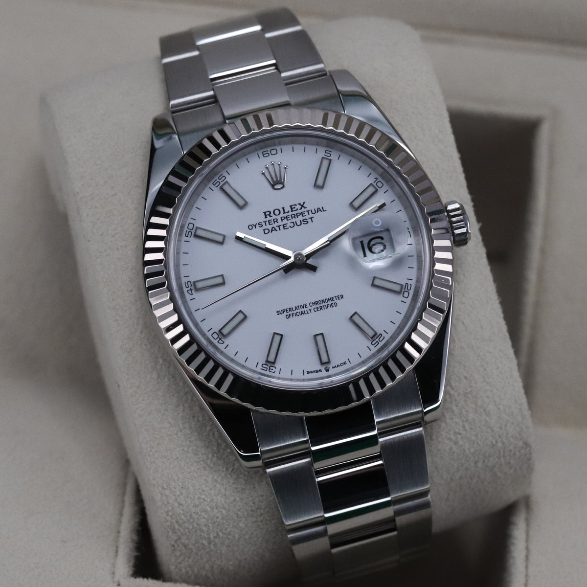 Rolex Datejust 41 White Stick Dial Fluted White Gold Bezel Oyster Bracelet 126334