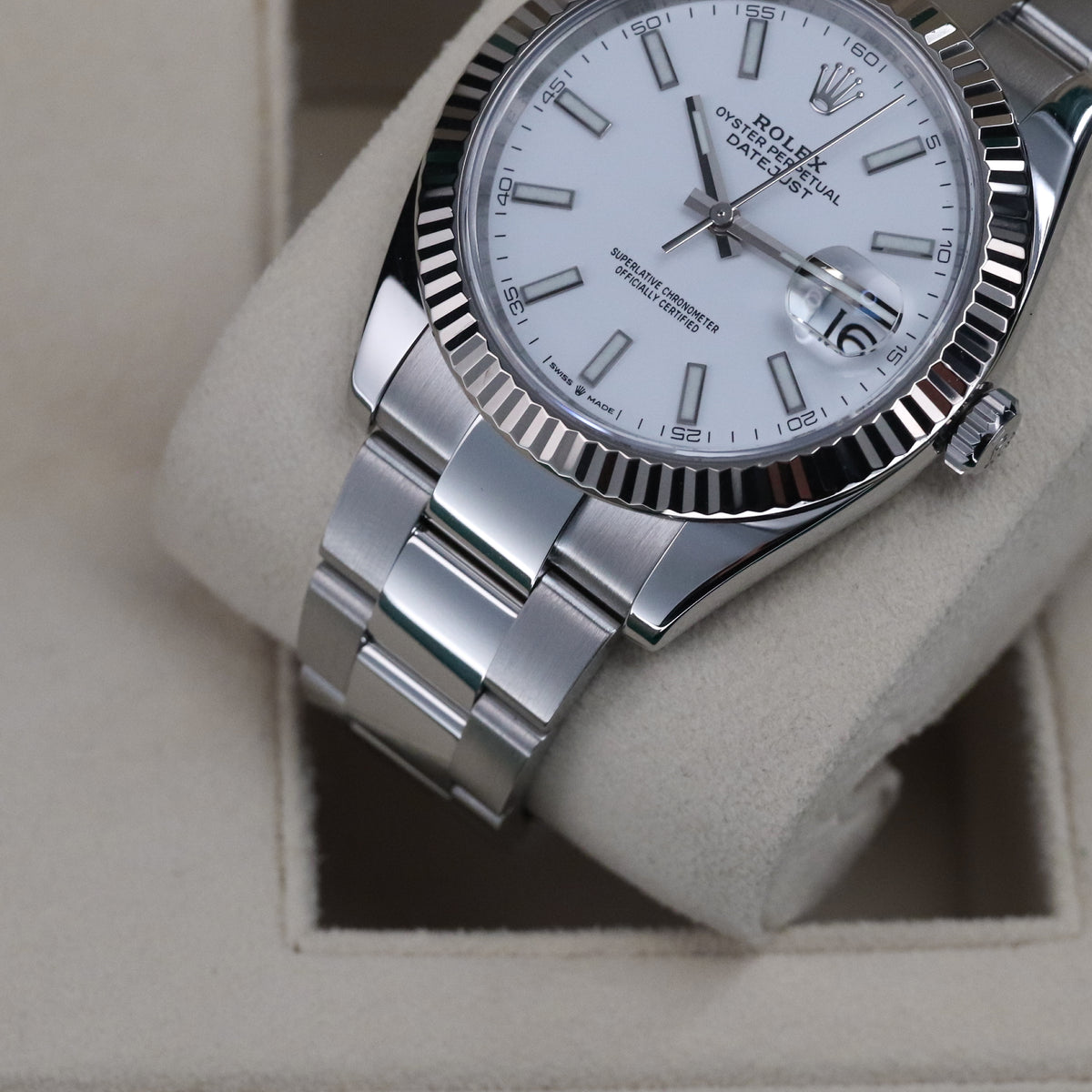 Rolex Datejust 41 White Stick Dial Fluted White Gold Bezel Oyster Bracelet 126334