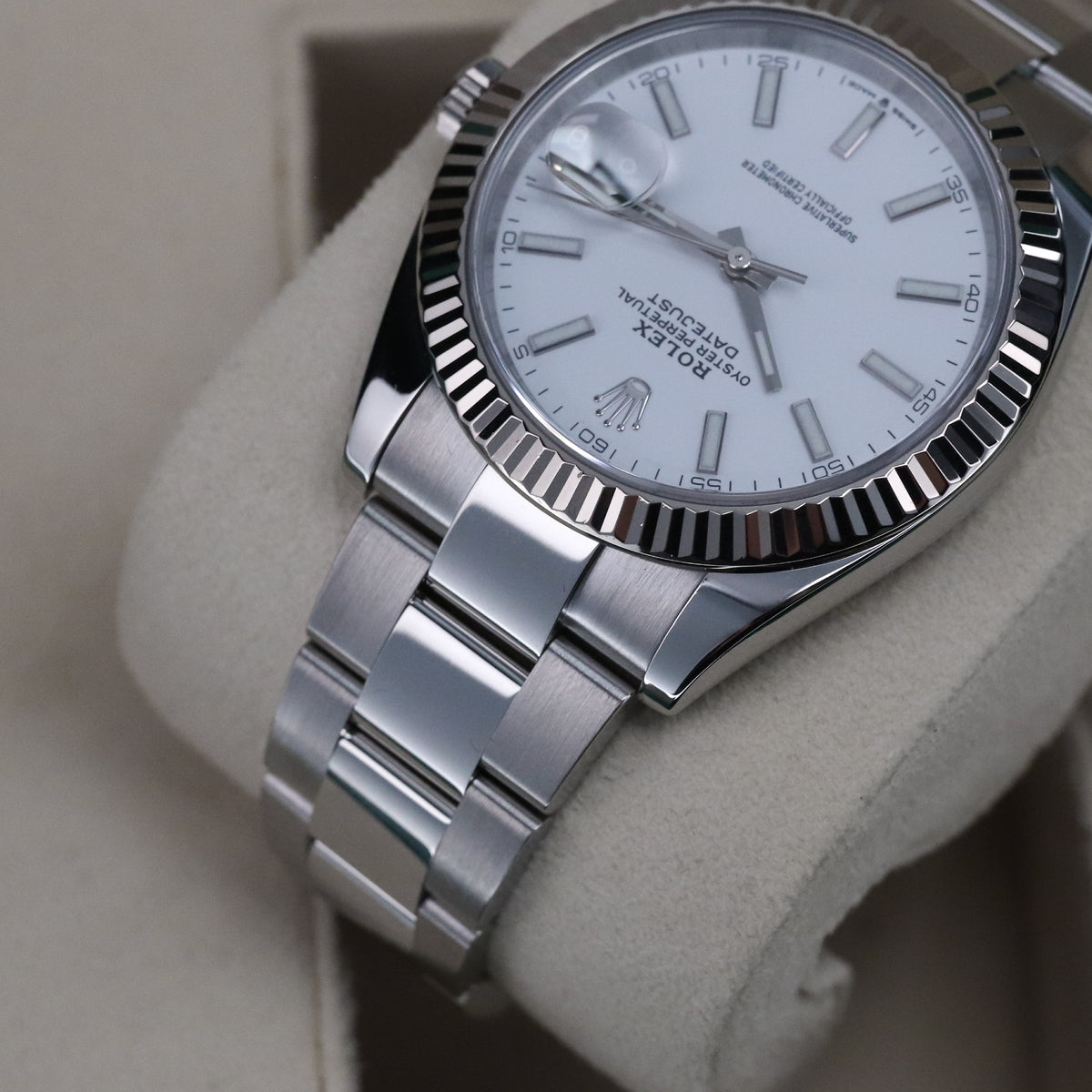 Rolex Datejust 41 White Stick Dial Fluted White Gold Bezel Oyster Bracelet 126334