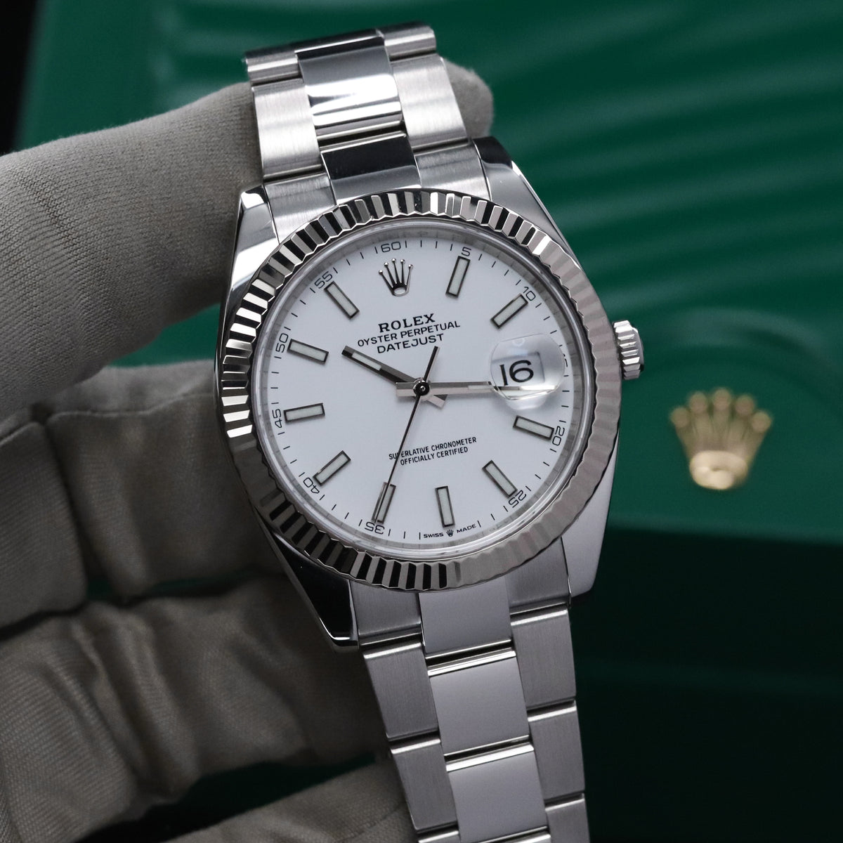 Rolex Datejust 41 White Stick Dial Fluted White Gold Bezel Oyster Bracelet 126334