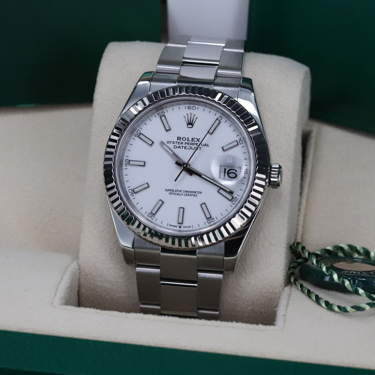 Rolex Datejust 41 White Stick Dial Fluted White Gold Bezel Oyster Bracelet 126334