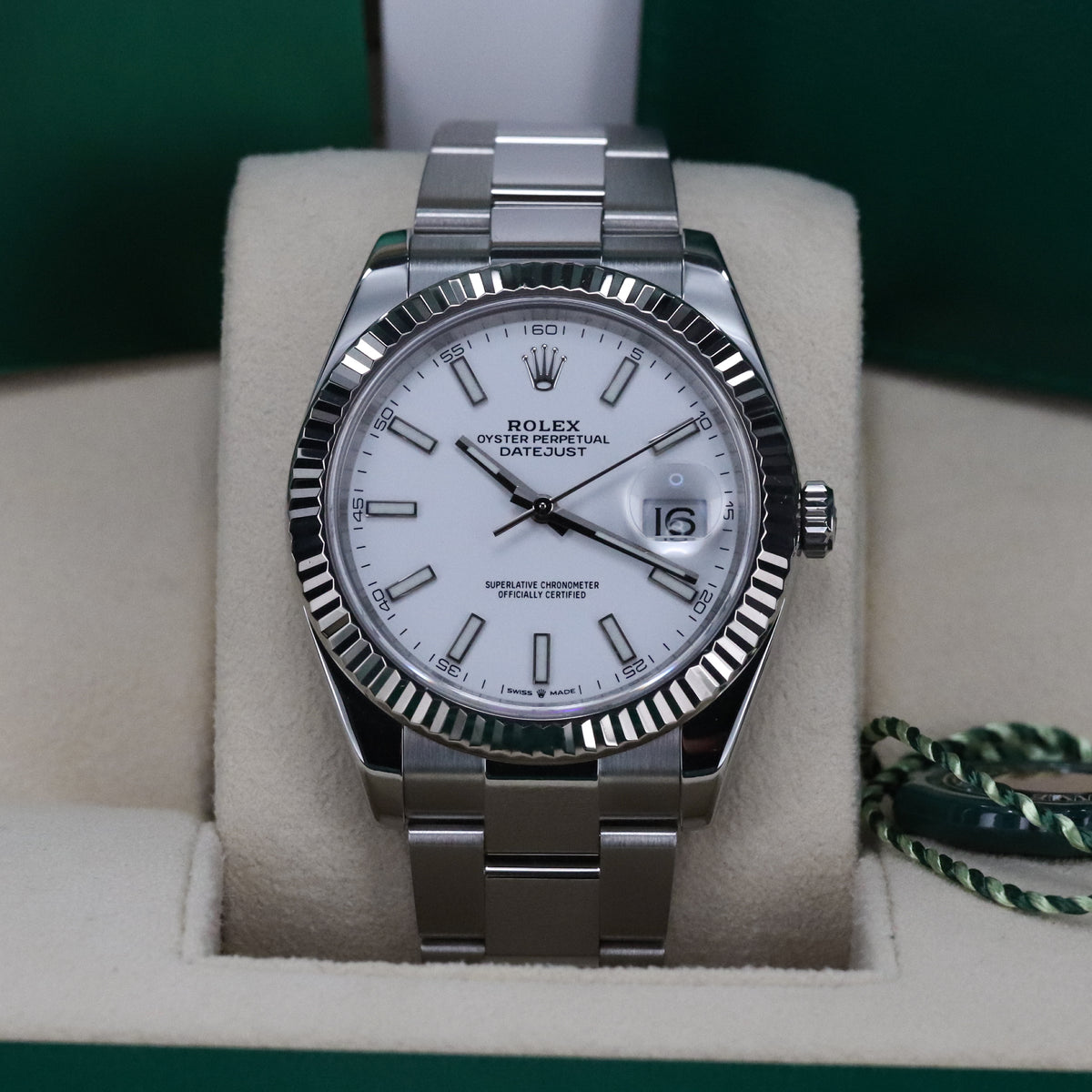 Rolex Datejust 41 White Stick Dial Fluted White Gold Bezel Oyster Bracelet 126334