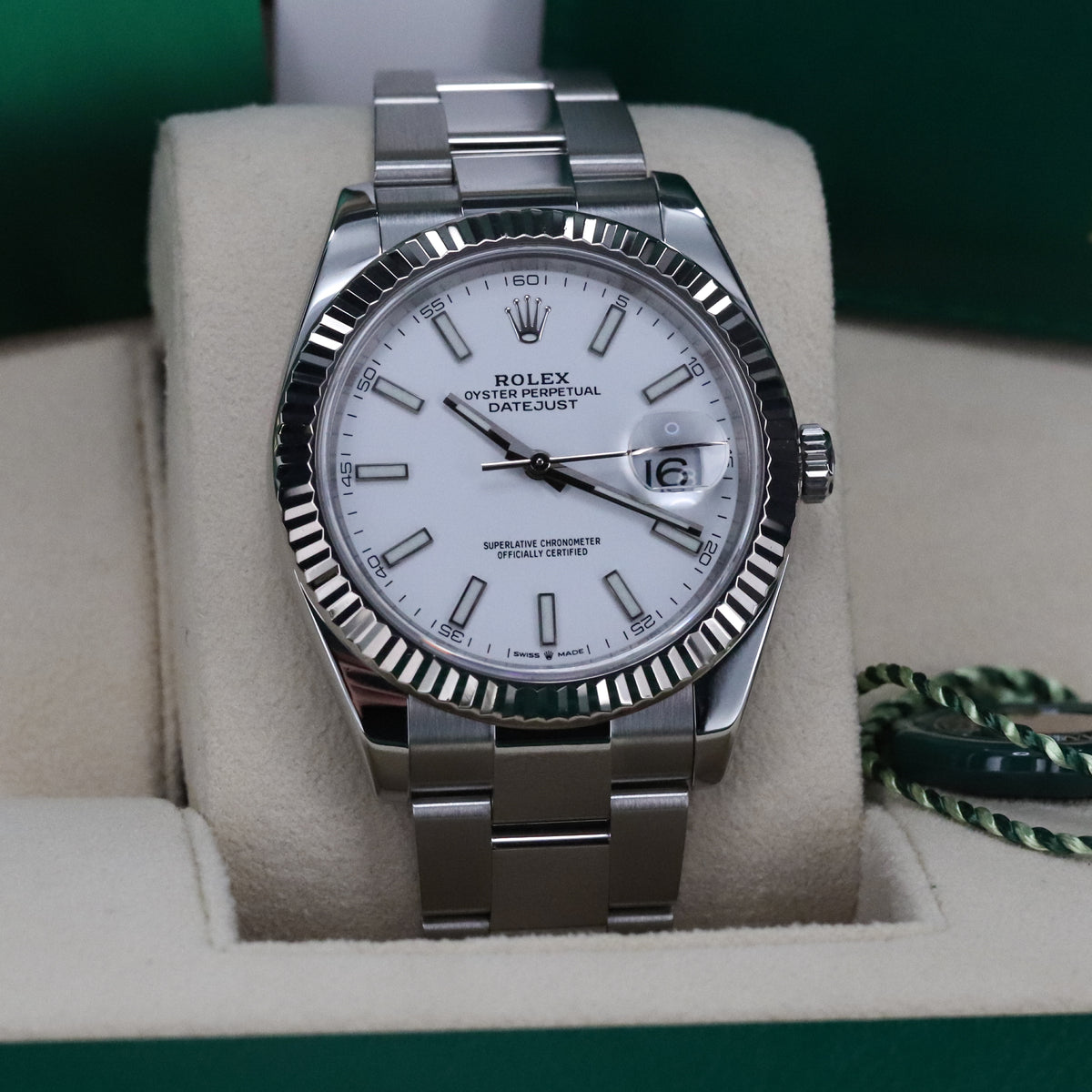 Rolex Datejust 41 White Stick Dial Fluted White Gold Bezel Oyster Bracelet 126334