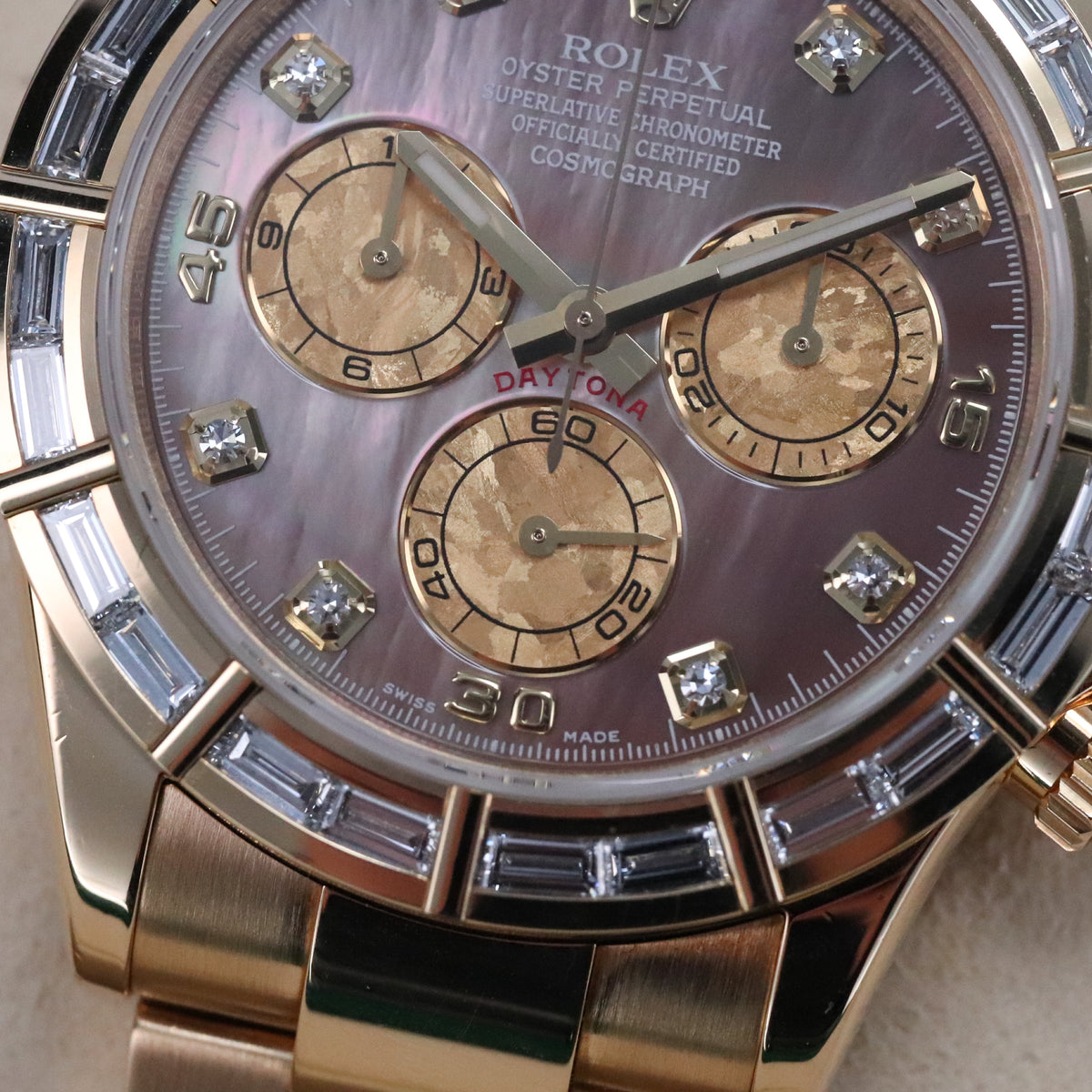 Rolex Daytona Complete Set 40mm Baguette Mother of Pearl Tahitian Dial Yellow Gold Oyster Bracelet 116568BR