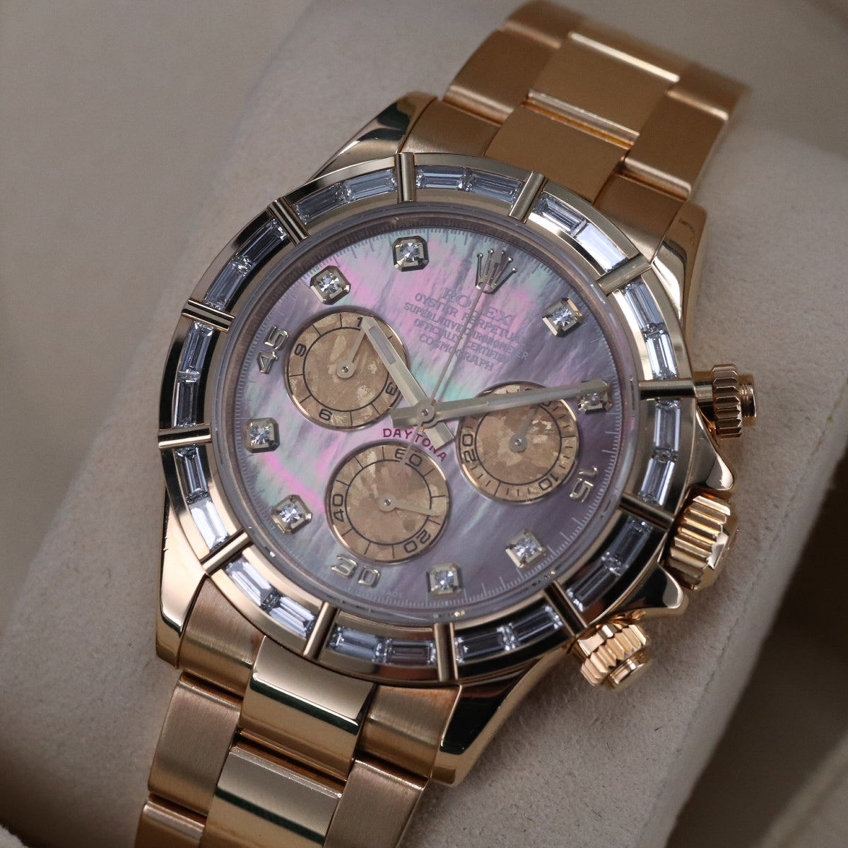 Rolex Daytona Complete Set 40mm Baguette Mother of Pearl Tahitian Dial Yellow Gold Oyster Bracelet 116568BR