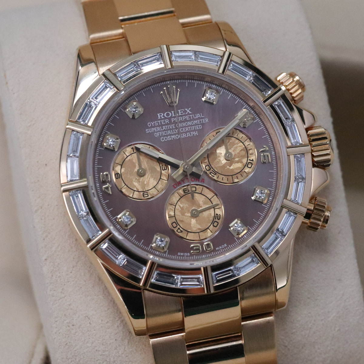 Rolex Daytona Complete Set 40mm Baguette Mother of Pearl Tahitian Dial Yellow Gold Oyster Bracelet 116568BR