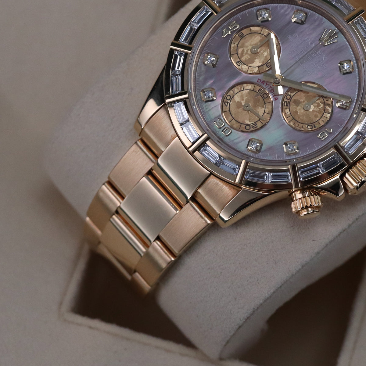Rolex Daytona Complete Set 40mm Baguette Mother of Pearl Tahitian Dial Yellow Gold Oyster Bracelet 116568BR
