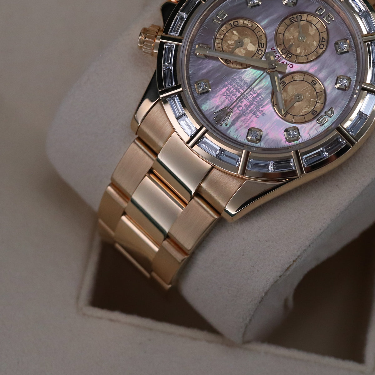 Rolex Daytona Complete Set 40mm Baguette Mother of Pearl Tahitian Dial Yellow Gold Oyster Bracelet 116568BR