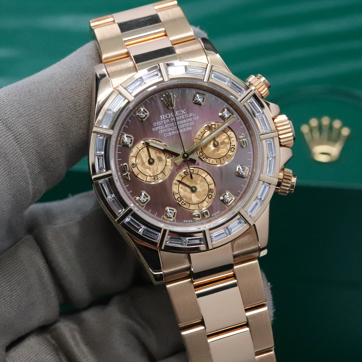 Rolex Daytona Complete Set 40mm Baguette Mother of Pearl Tahitian Dial Yellow Gold Oyster Bracelet 116568BR