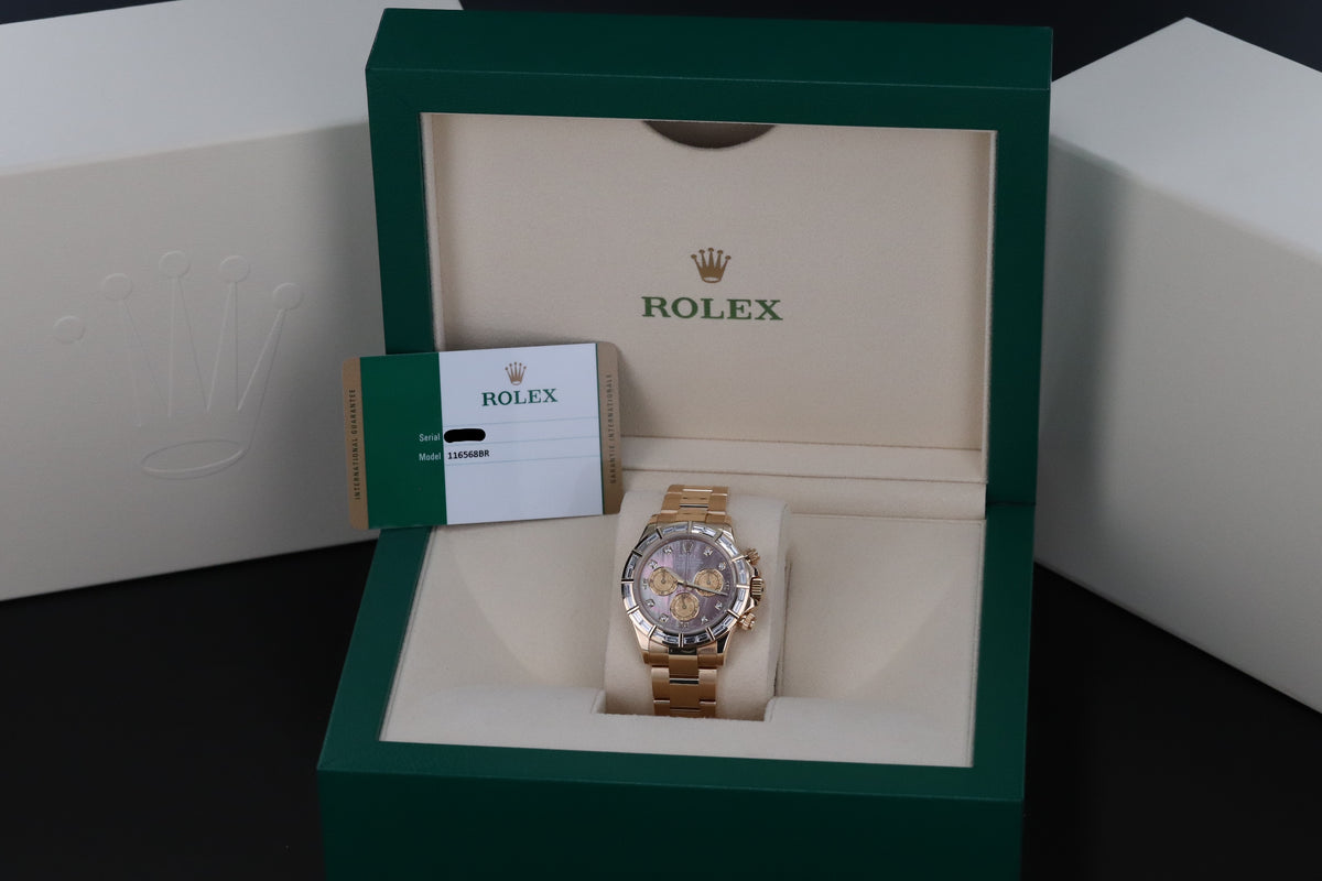 Rolex Daytona Complete Set 40mm Baguette Mother of Pearl Tahitian Dial Yellow Gold Oyster Bracelet 116568BR