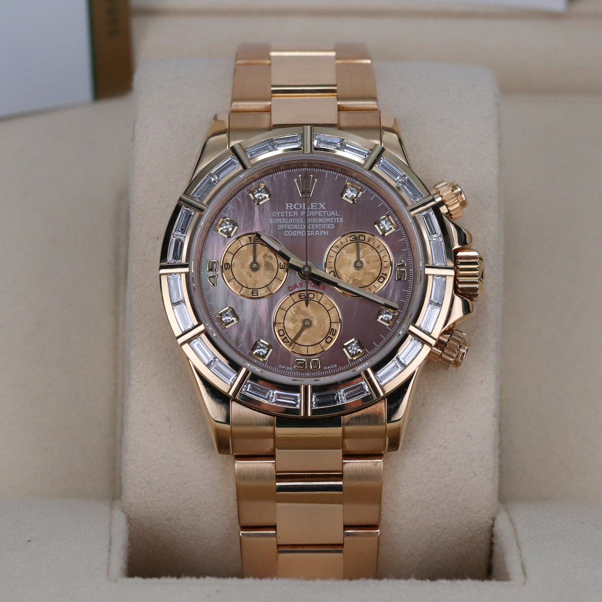 Rolex Daytona Complete Set 40mm Baguette Mother of Pearl Tahitian Dial Yellow Gold Oyster Bracelet 116568BR