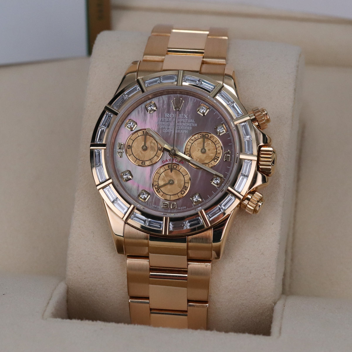 Rolex Daytona Complete Set 40mm Baguette Mother of Pearl Tahitian Dial Yellow Gold Oyster Bracelet 116568BR