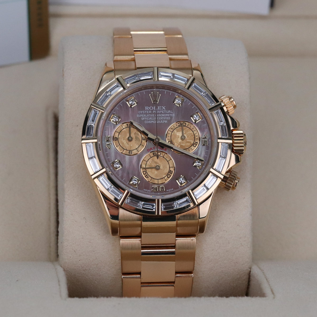 Rolex Daytona Complete Set 40mm Baguette Mother of Pearl Tahitian Dial Yellow Gold Oyster Bracelet 116568BR