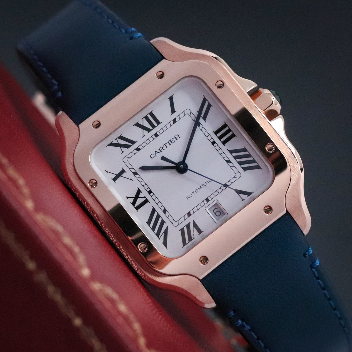 Cartier Santos Large 2023 Complete 40mm Rose Gold White Roman Dial Blue Strap WGSA0019