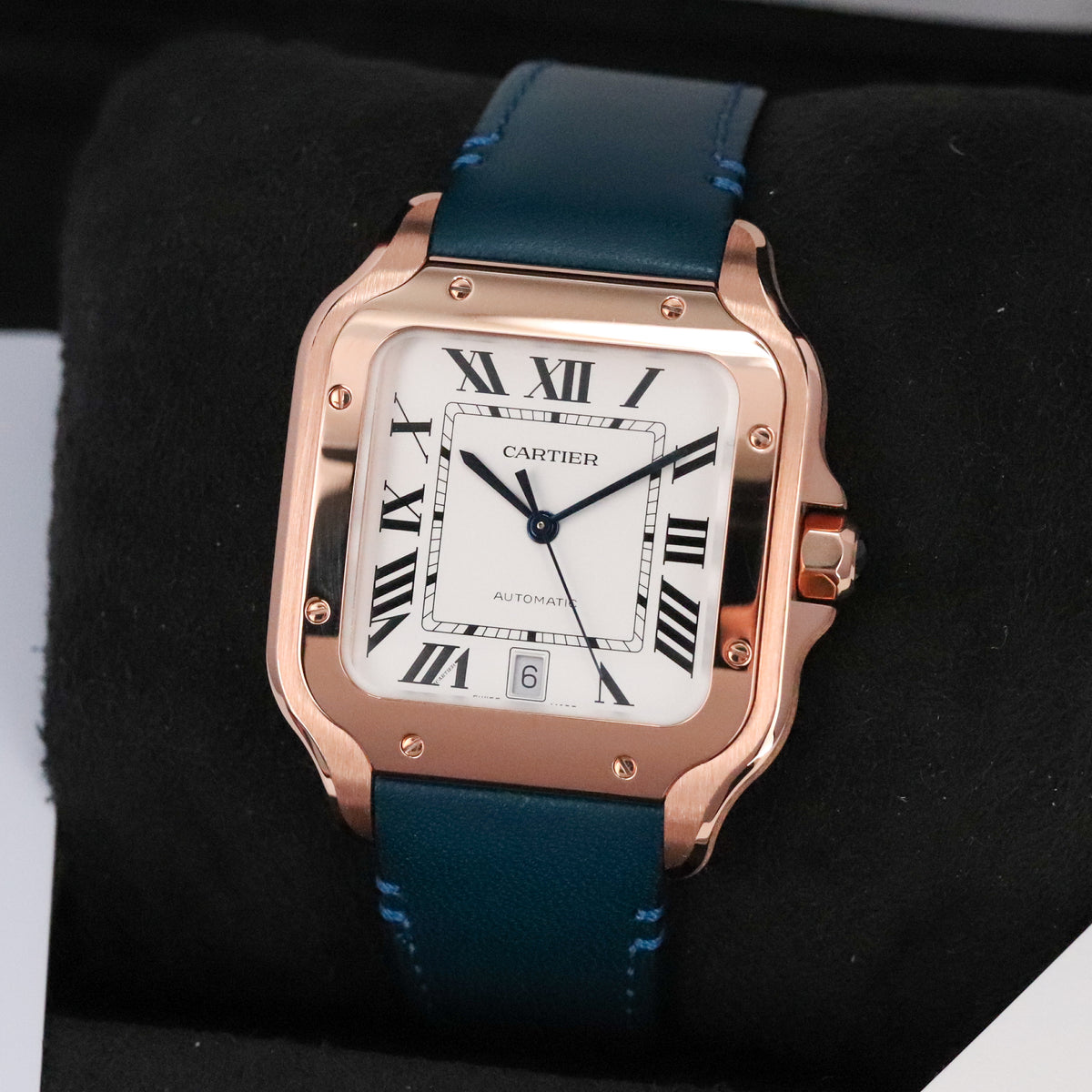 Cartier Santos Large 2023 Complete 40mm Rose Gold White Roman Dial Blue Strap WGSA0019