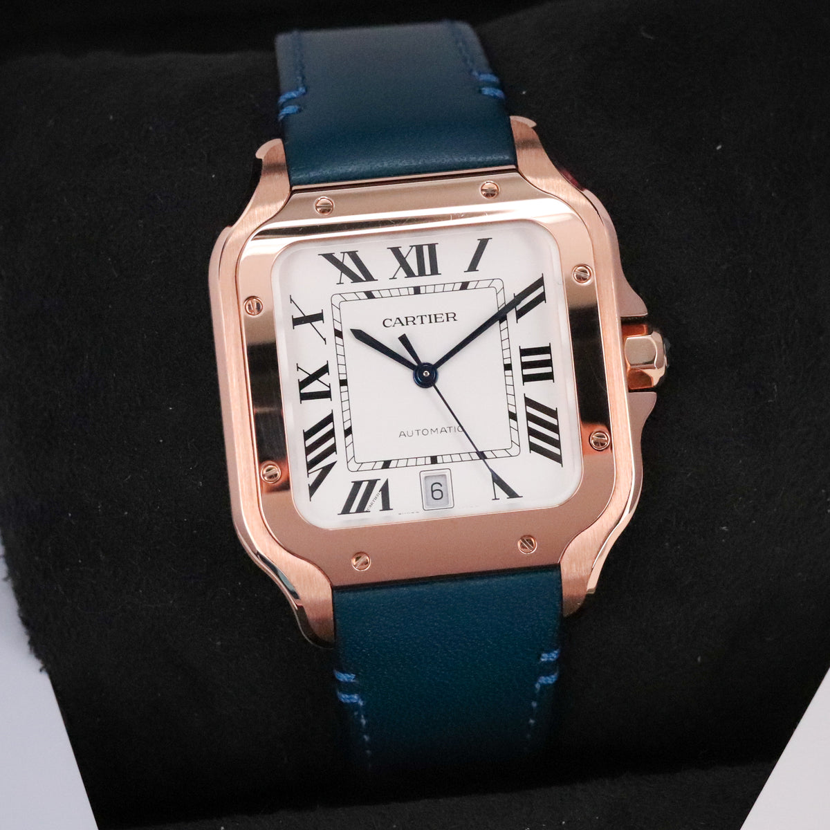 Cartier Santos Large 2023 Complete 40mm Rose Gold White Roman Dial Blue Strap WGSA0019