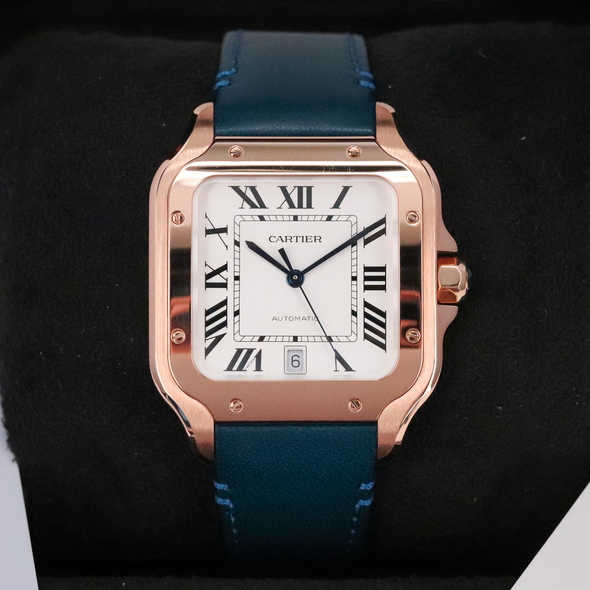 Cartier Santos Large 2023 Complete 40mm Rose Gold White Roman Dial Blue Strap WGSA0019