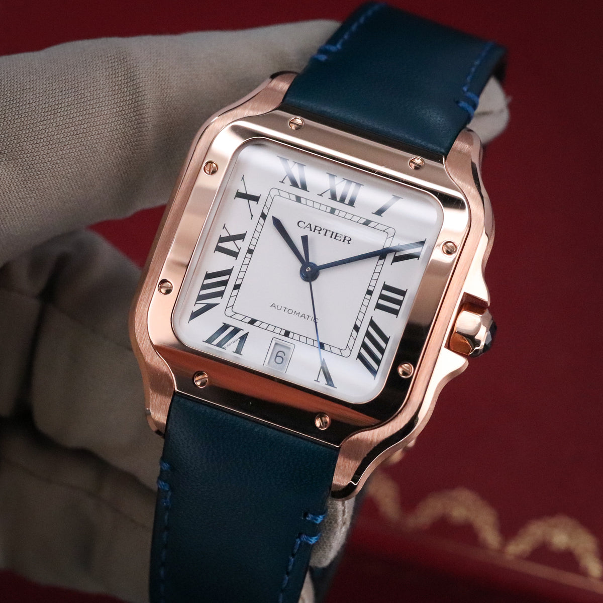 Cartier Santos Large 2023 Complete 40mm Rose Gold White Roman Dial Blue Strap WGSA0019