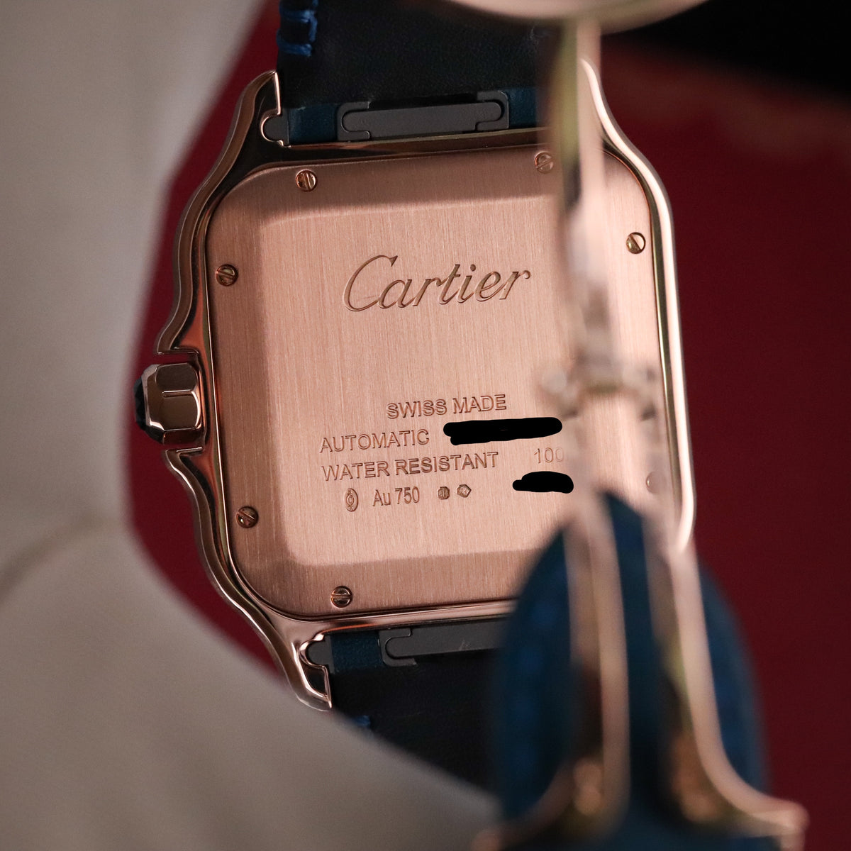 Cartier Santos Large 2023 Complete 40mm Rose Gold White Roman Dial Blue Strap WGSA0019