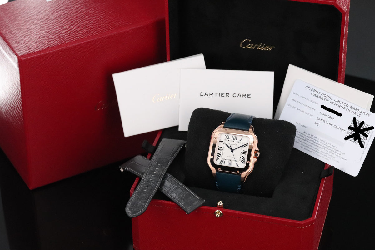 Cartier Santos Large 2023 Complete 40mm Rose Gold White Roman Dial Blue Strap WGSA0019