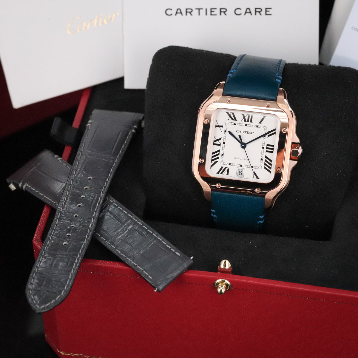 Cartier Santos Large 2023 Complete 40mm Rose Gold White Roman Dial Blue Strap WGSA0019