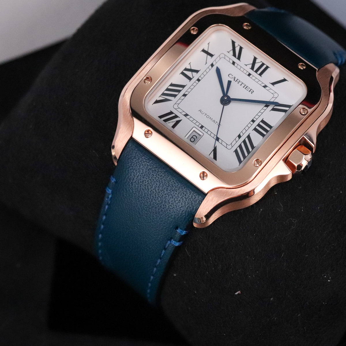 Cartier Santos Large 2023 Complete 40mm Rose Gold White Roman Dial Blue Strap WGSA0019