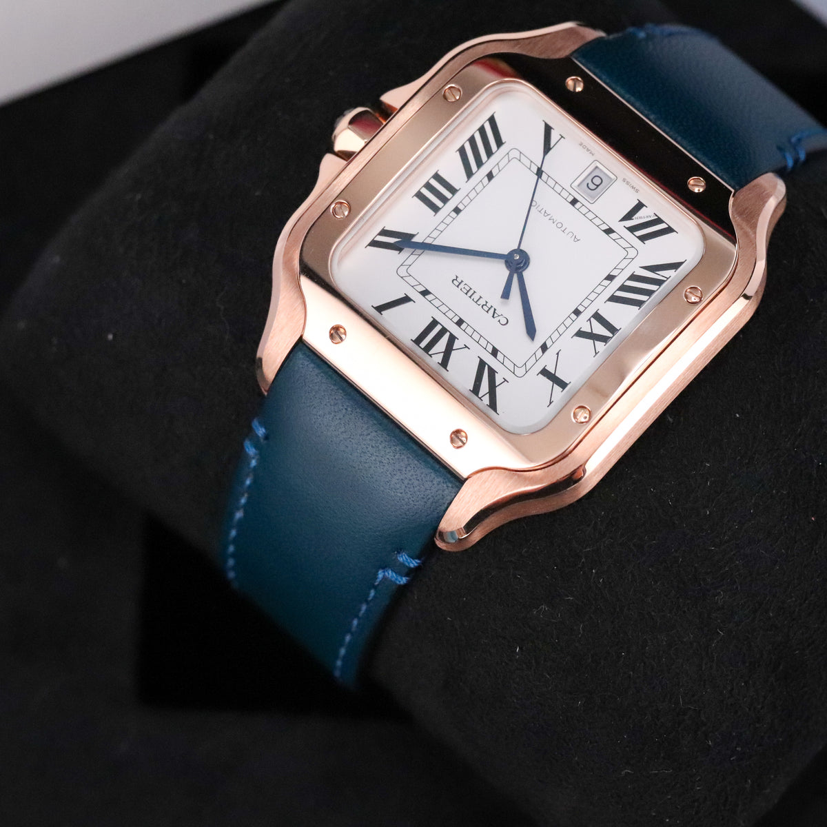 Cartier Santos Large 2023 Complete 40mm Rose Gold White Roman Dial Blue Strap WGSA0019